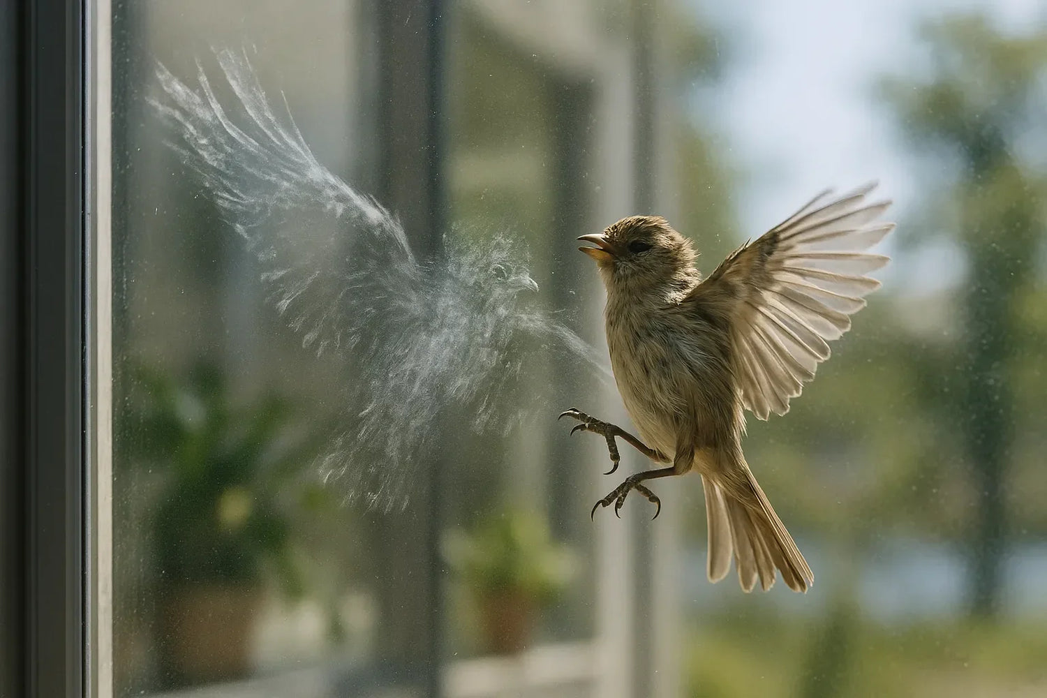 A small bird with spread wings collides with a glass window, leaving a faint feather imprint