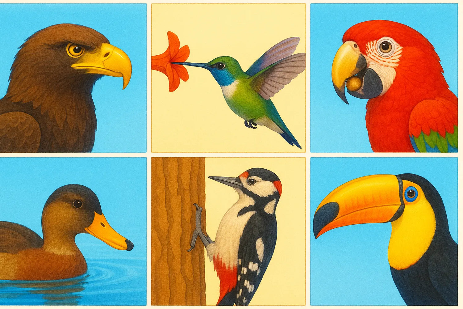 Beaked birds collage showing eagle, hummingbird, parrot, duck, woodpecker, and toucan with different types of bird beaks