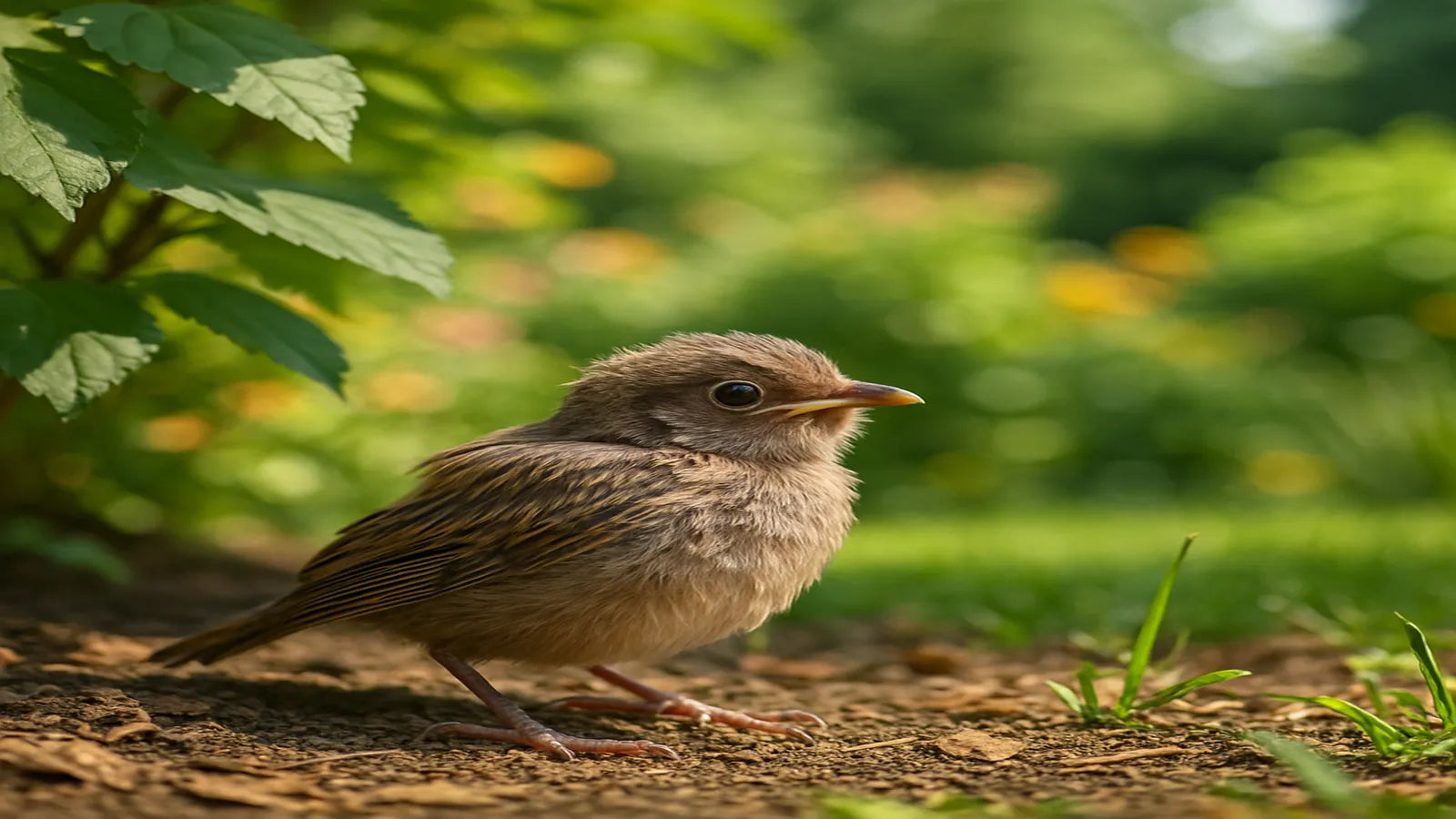 Fledgling bird exploring a summer garden with lush plants