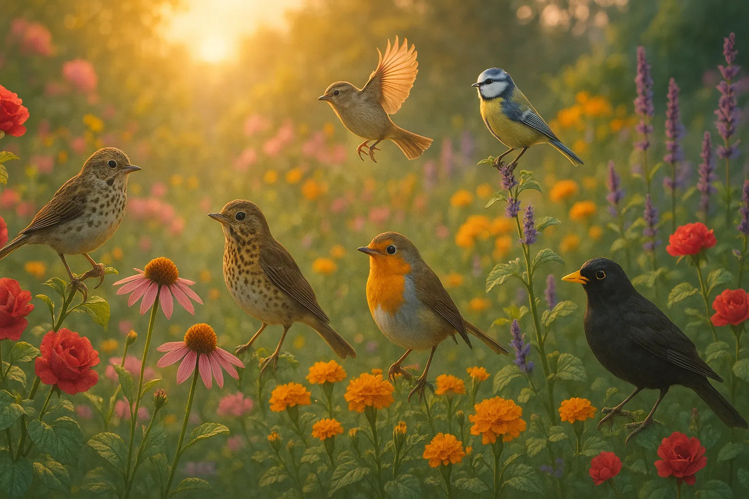 A goldfinch and hummingbird feeding among blooming coneflowers and lavender in a sunlit garden during early summer morning.