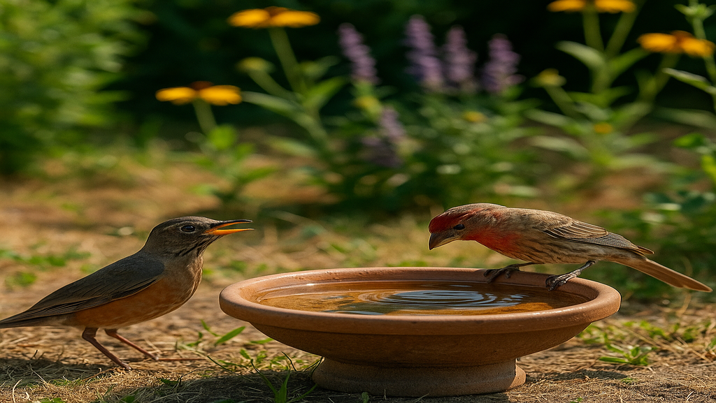 Birds seeking shade and water in a summer backyard