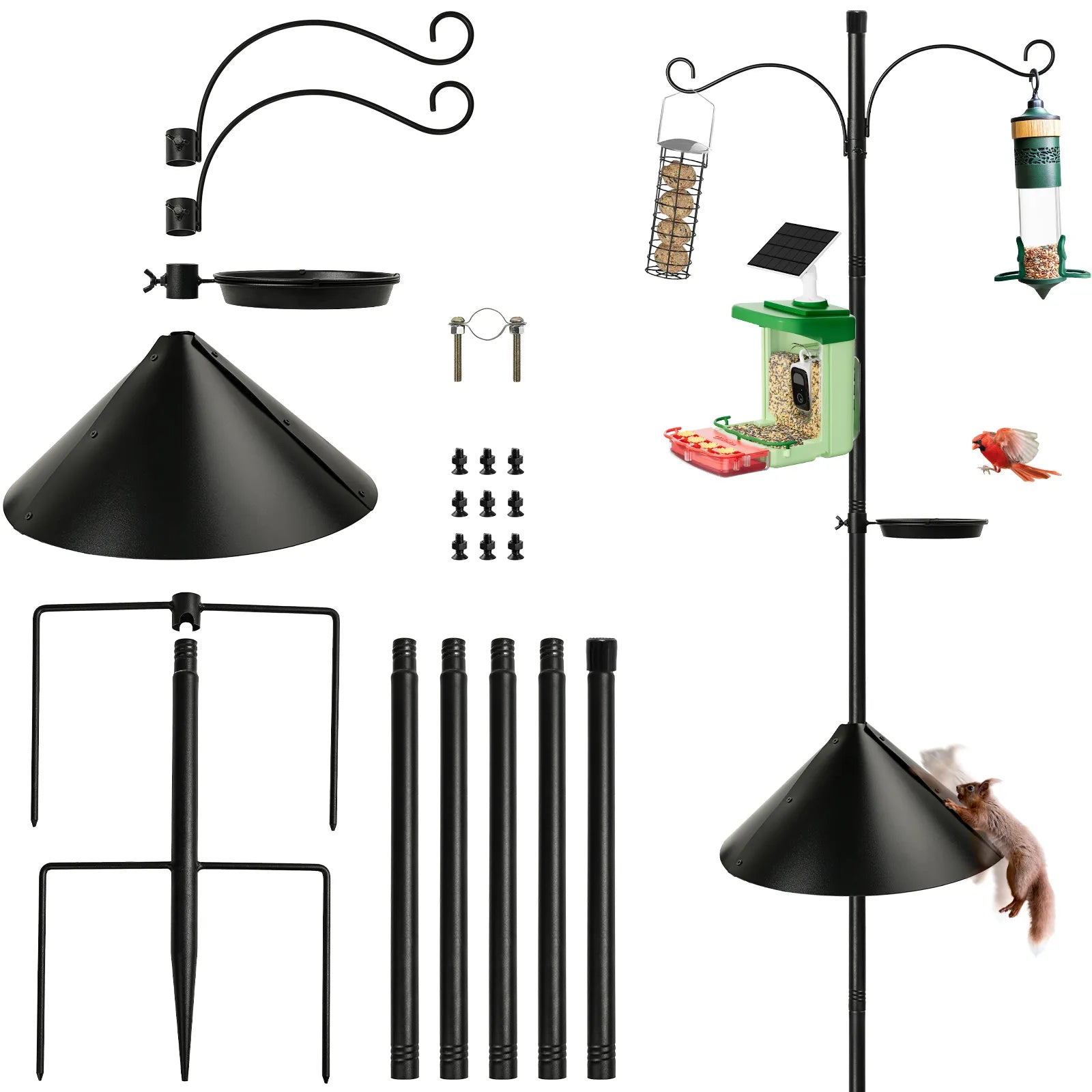 This durable and rust-resistant bird house pole features a squirrel-proof baffle, adjustable height up to 92", and easy installation with included accessories. Its multifunctional design with 2 shepherd hooks adds both function