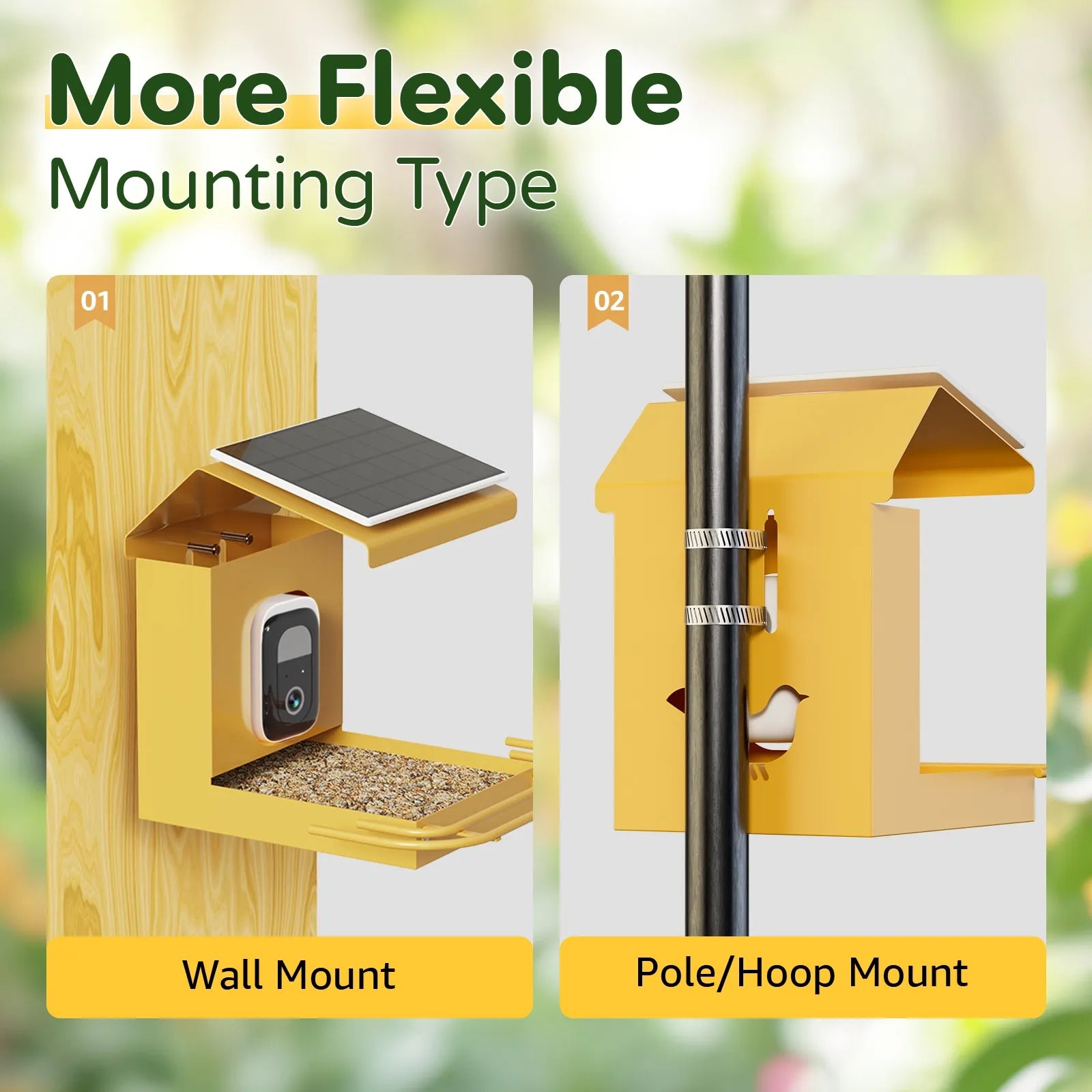 Bilantan BirdHi Mag Bird Feeder with Camera blends with nature, featuring a birdhouse design and unique decor to attract birds