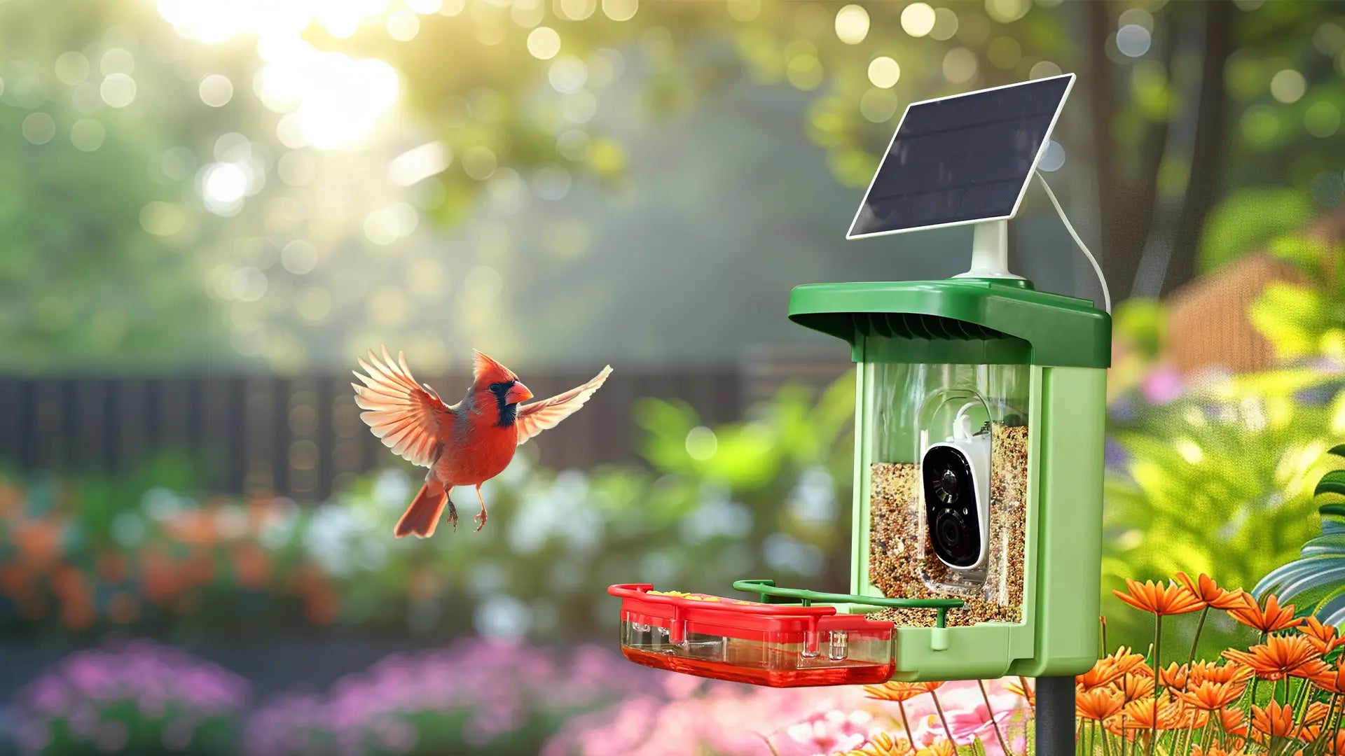 A cardinal bird flies in front of bird feeder camera, wanting to come and eat