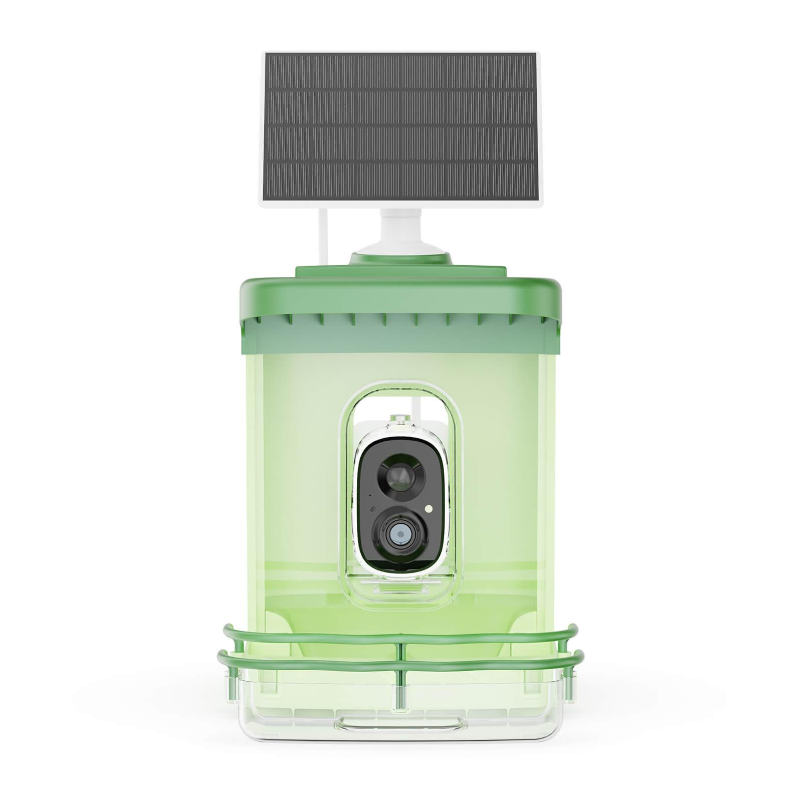 The main picture shows: natural color, green smart feeder, green design, best color for bird feeder, with solar energy, pvc bird feeder, bird feeder images, bird feeder video camera, best bird feeder camera, best smart bird feeder camera