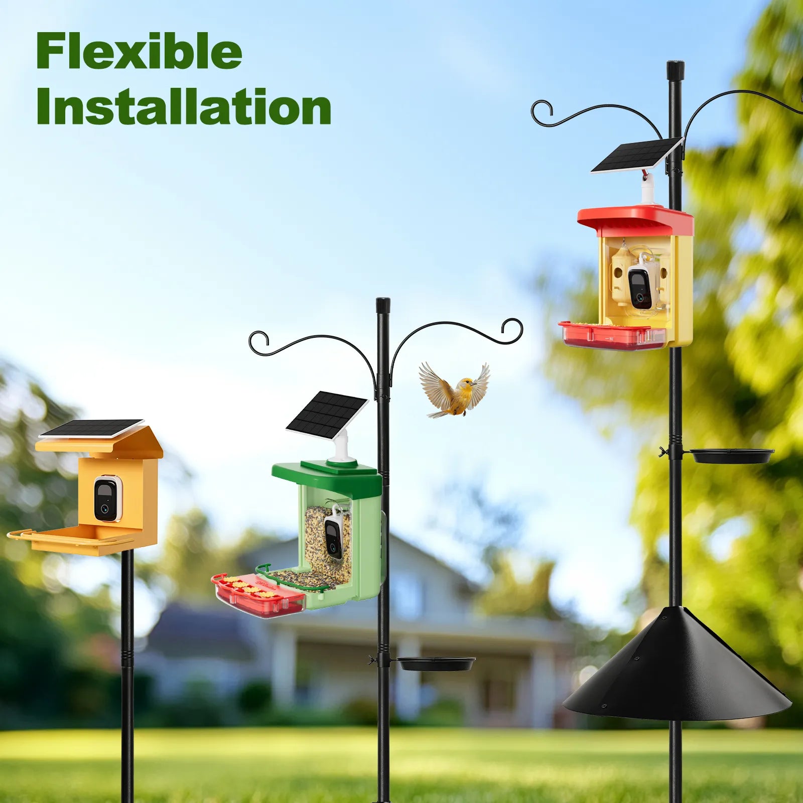 This durable and rust-resistant bird house pole features a squirrel-proof baffle, adjustable height up to 92", and easy installation with included accessories. Its multifunctional design with 2 shepherd hooks adds both function