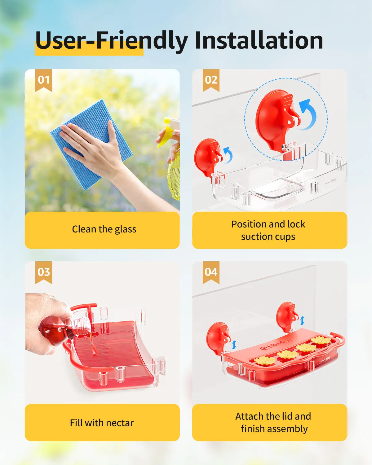 Hummingbird feeder suction cup assembly steps